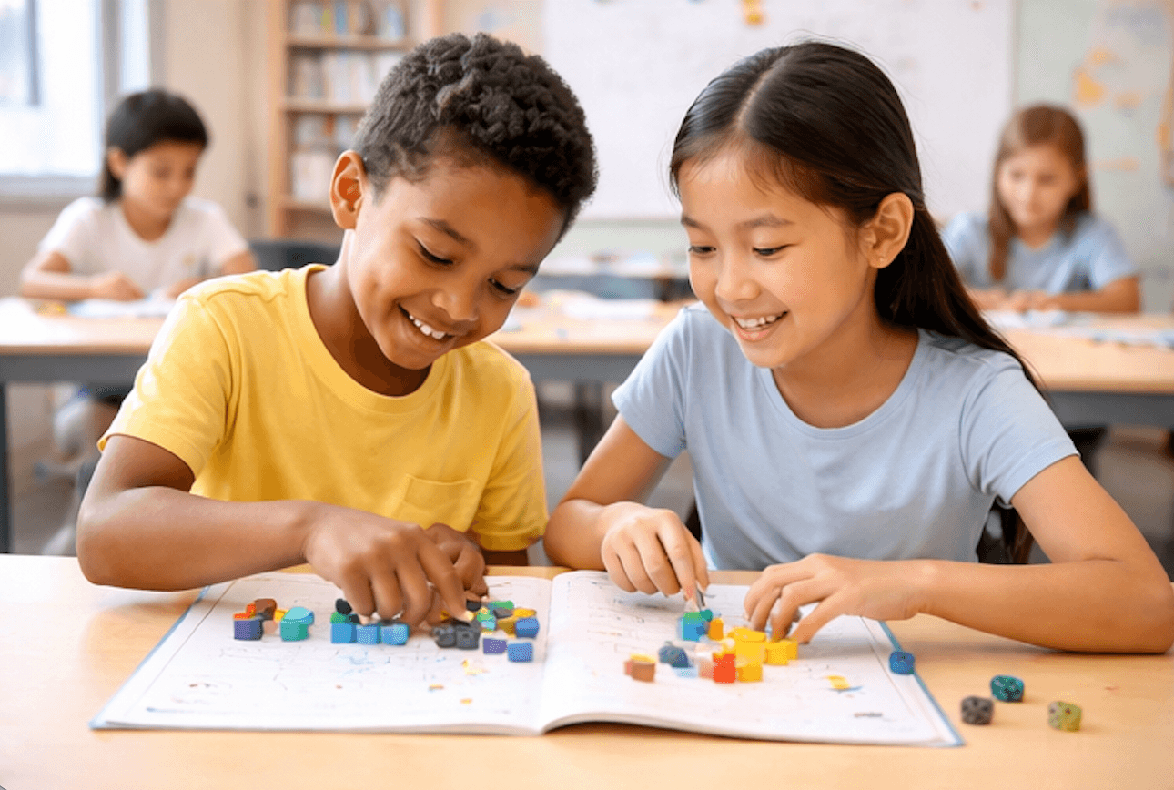 Children studying together in a bright primary school classroom