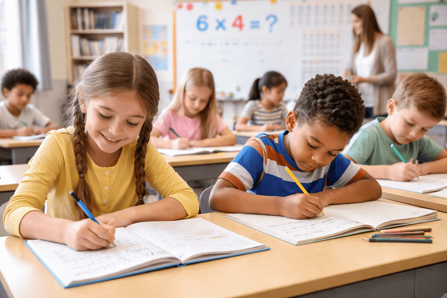 Primary school children doing maths in a classroom